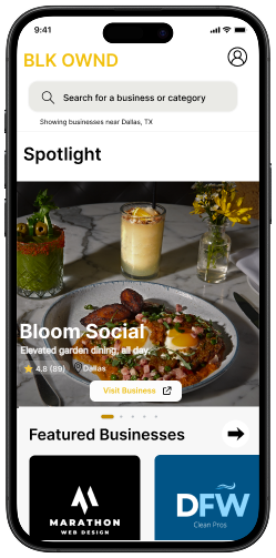 BLK OWND app interface showing business discovery and spotlight features